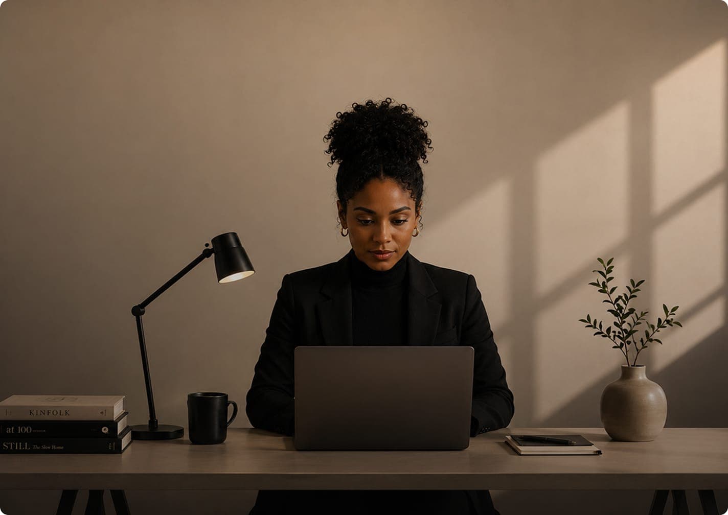 A person working at a laptop in a warm, low-lit studio